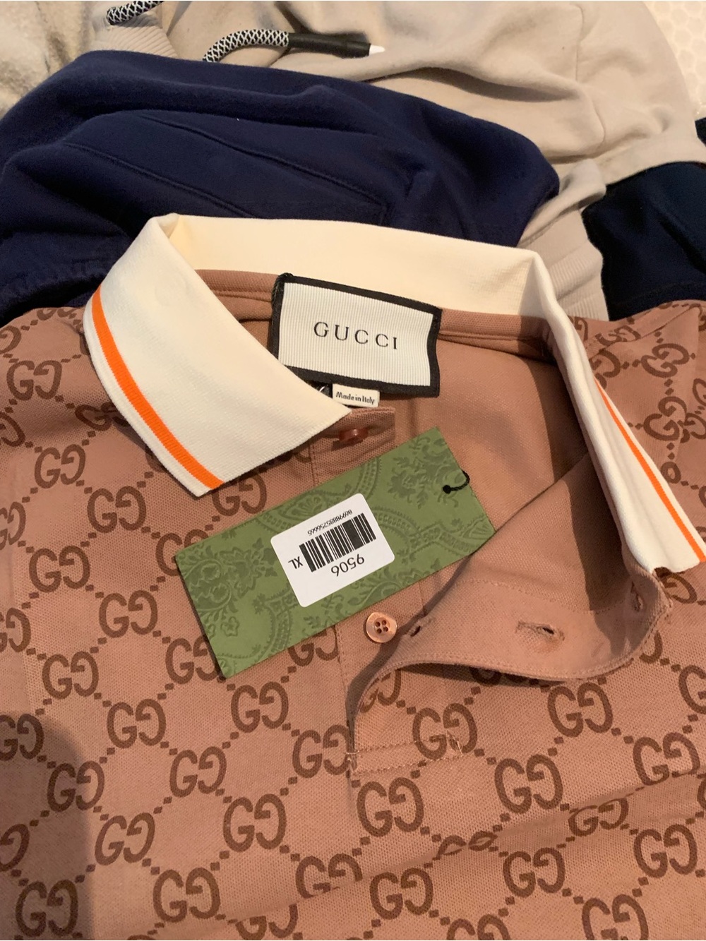 Gucci Brown GG Jacquard Polo with White Collar and Orange Stripe